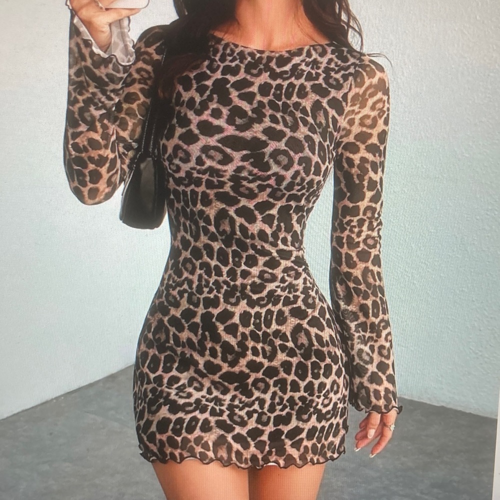 Long Sleeve Leopard Print Bodycon Dress in Brown - Picture 3 of 6
